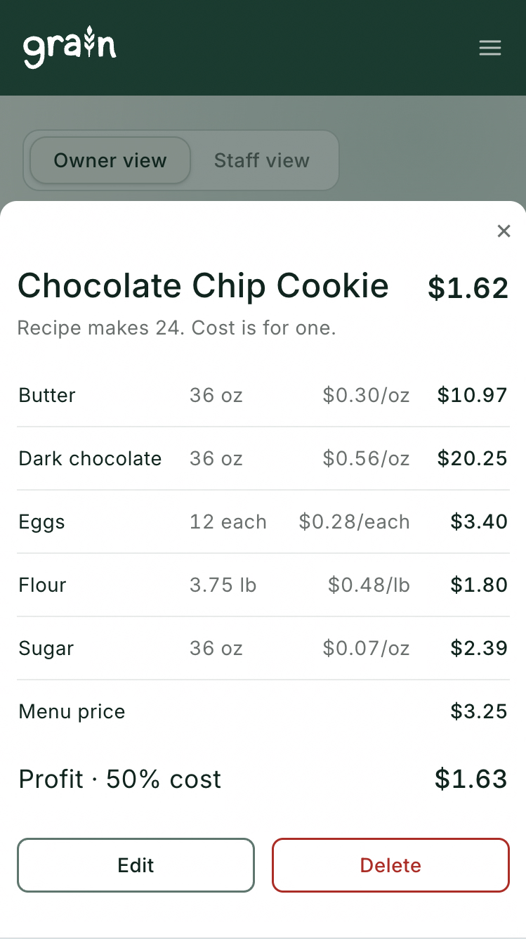 Cost your menu items